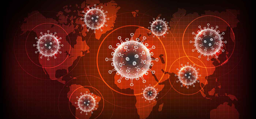 Red banner as a map of the world. With viruses covering the map.